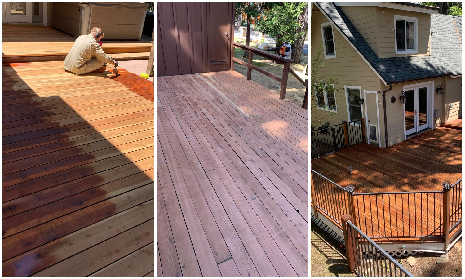 Collage of deck sanding, staining, and refinishing work in South Lake Tahoe